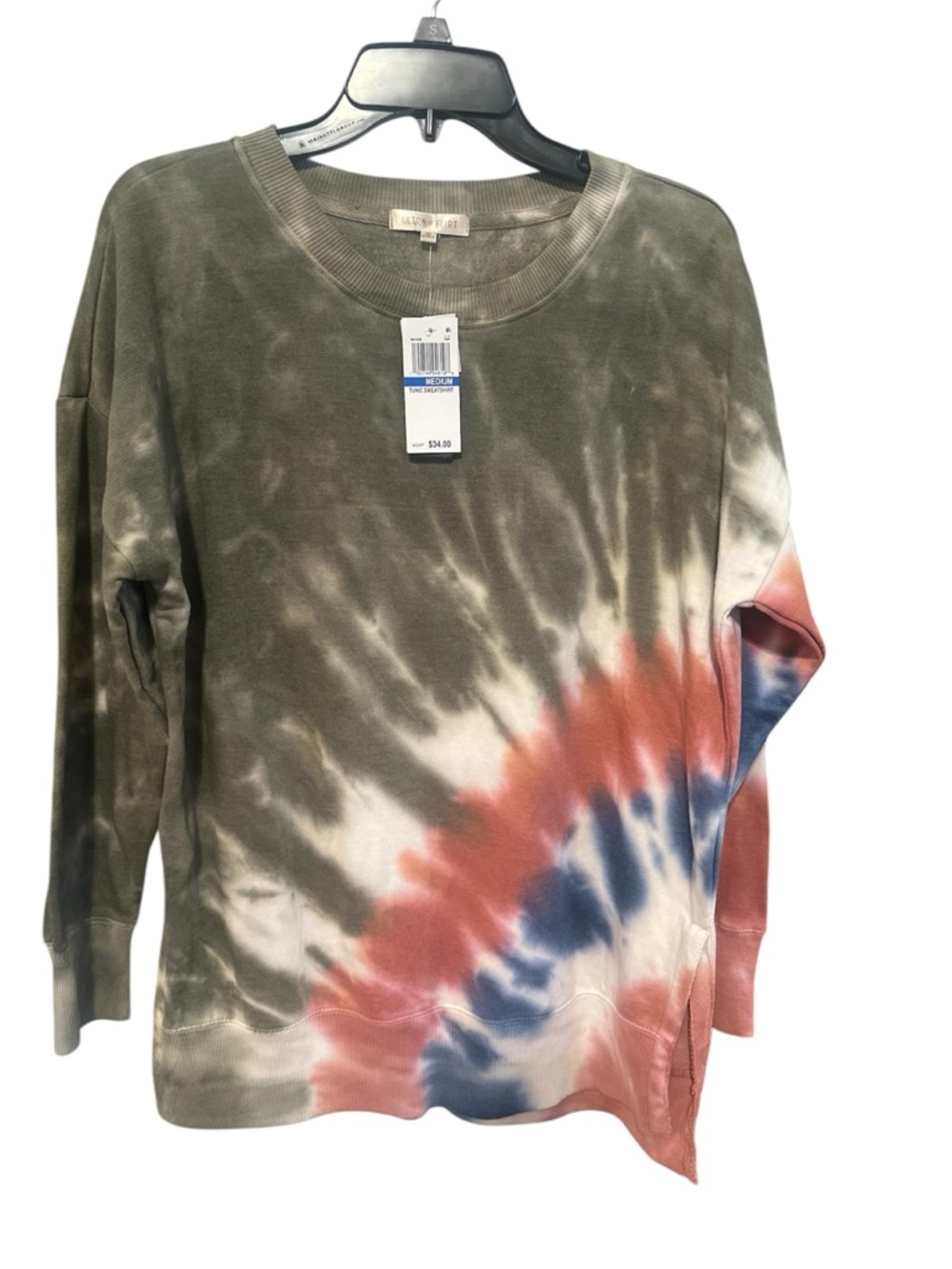 Ultra Flirt Olive Tie-Dye Sweatshirt with Coral and Navy Accents
